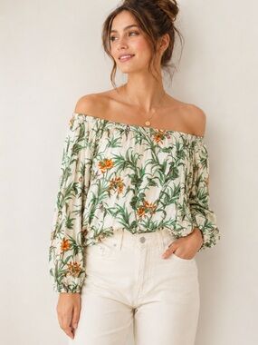 Anthropologie Floral Off-Shoulder Peasant Top Long Sleeve Boho Size XS